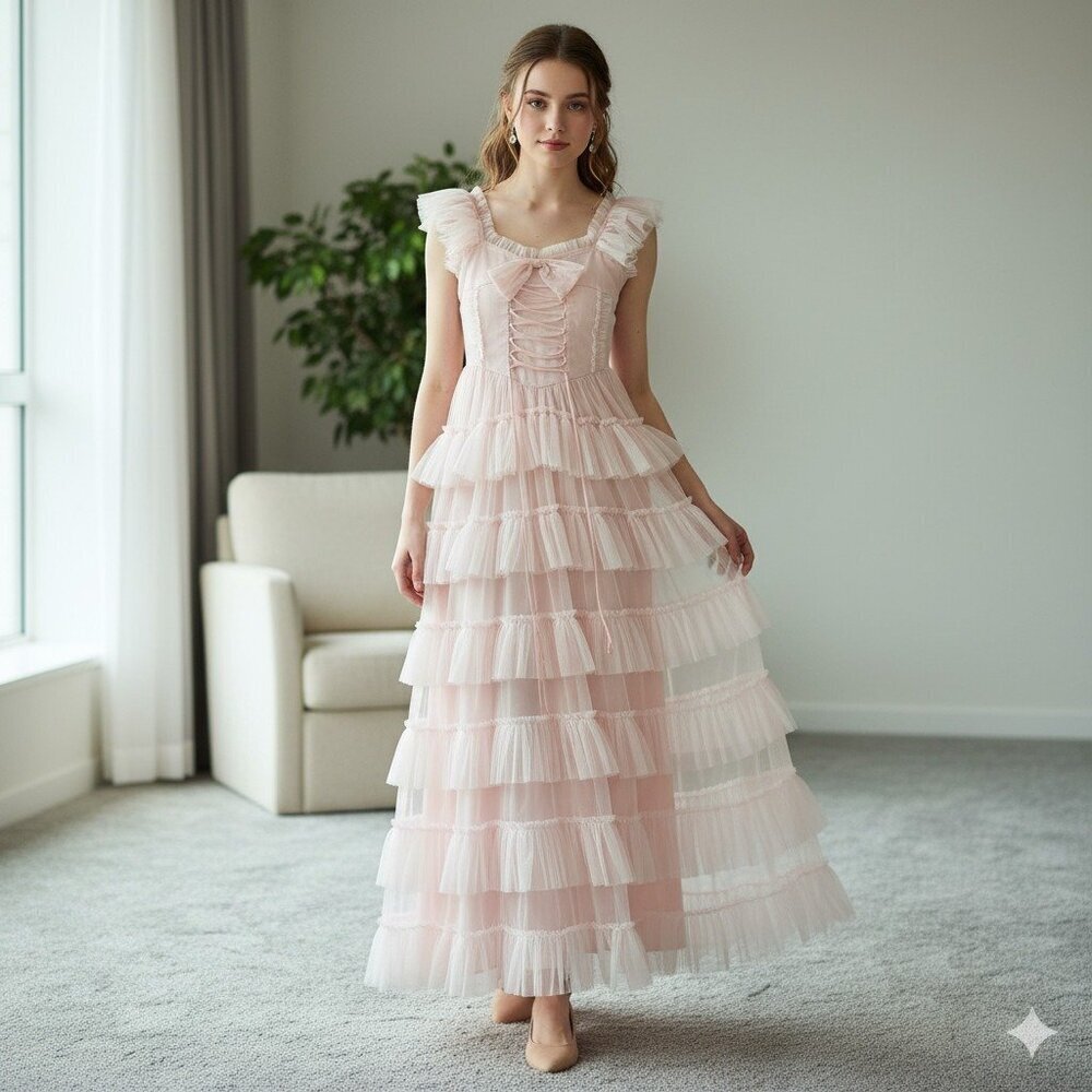 NEW AMY JANE LONDON Amy Jane London Evangeline Ruffle Maxi Dress Pink Size XS